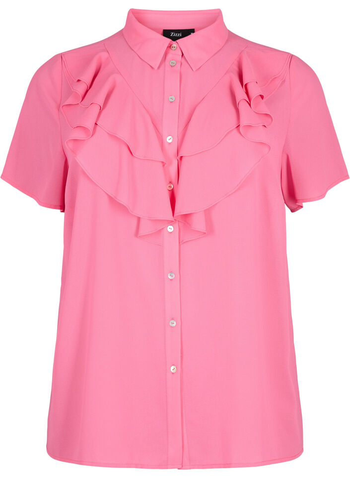 Overhemdblouse met korte mouwen en ruches, Pink Power, Packshot image number 0