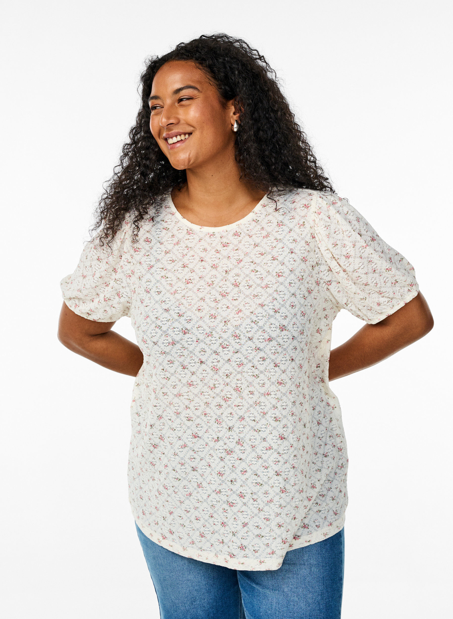 Zizzi Jersey blouse met korte mouwen en bloemenprint, Wit, Model image number 0