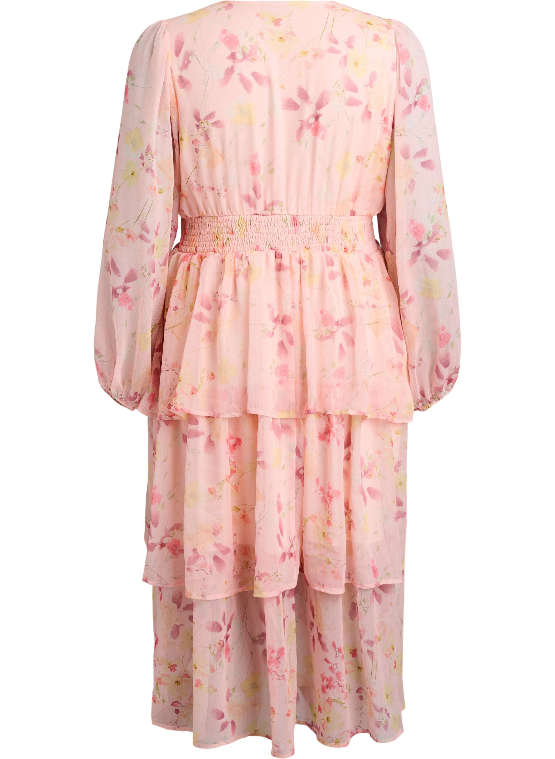 Zizzi Bloemen midijurk in chiffon met een gesmokte taille, Oranje, Packshot image number 1