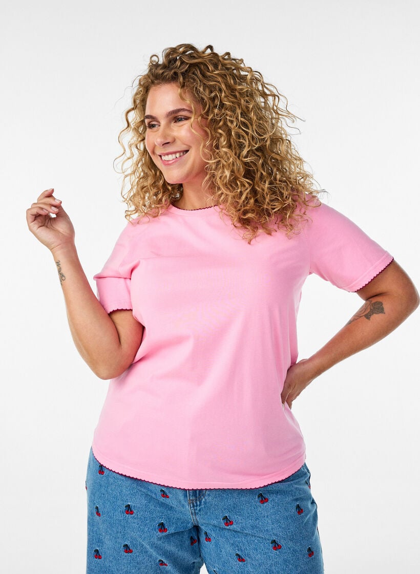 Katoenen T-shirt met golvende contrasterende randen, Roze, Model image number 0