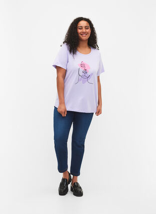 Katoenen t-shirt met ronde hals en opdruk, Lavender FACE, Model image number 2
