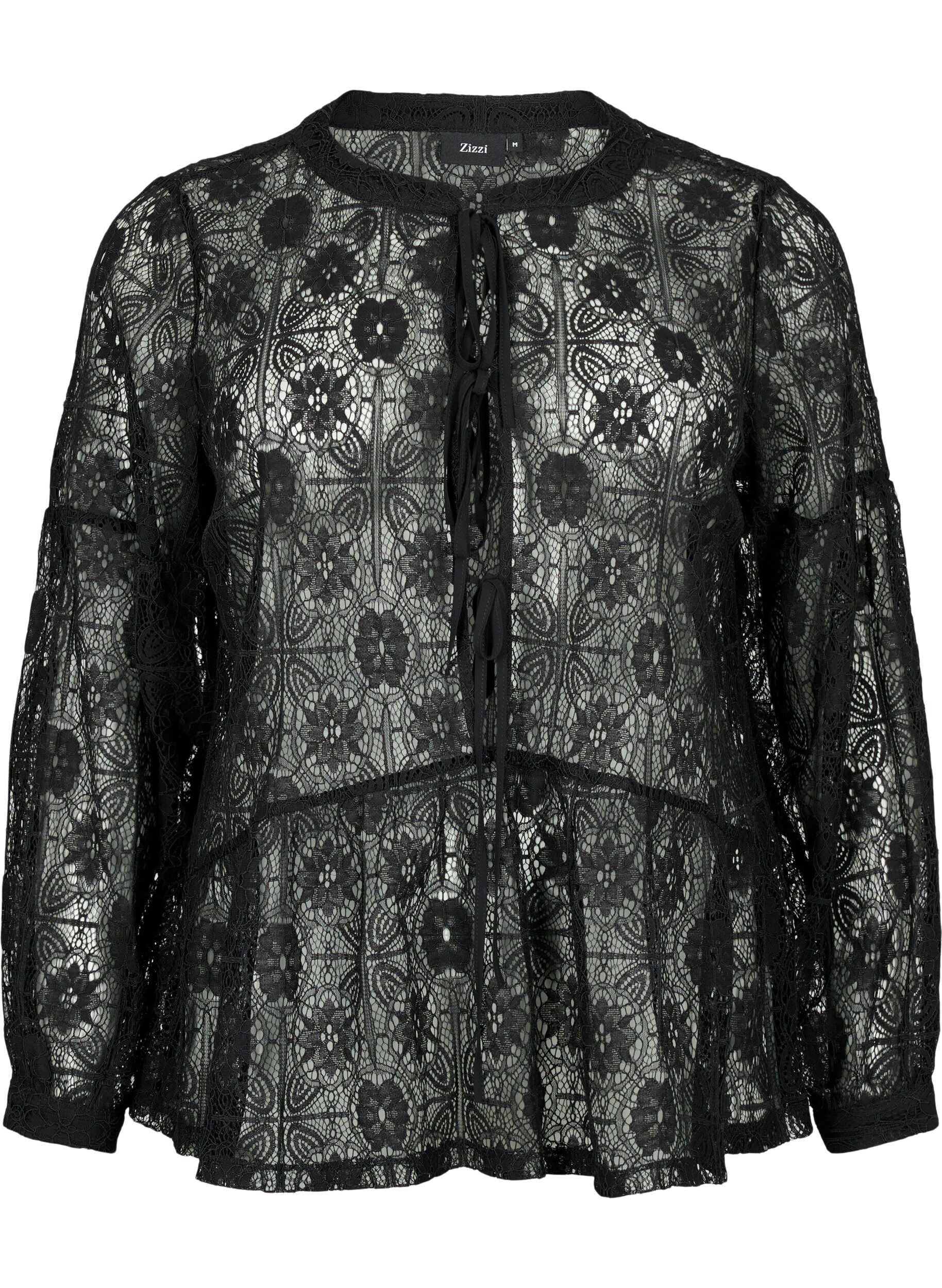 Zizzi Kanten blouse met strikdetail, Black, Packshot image number 0