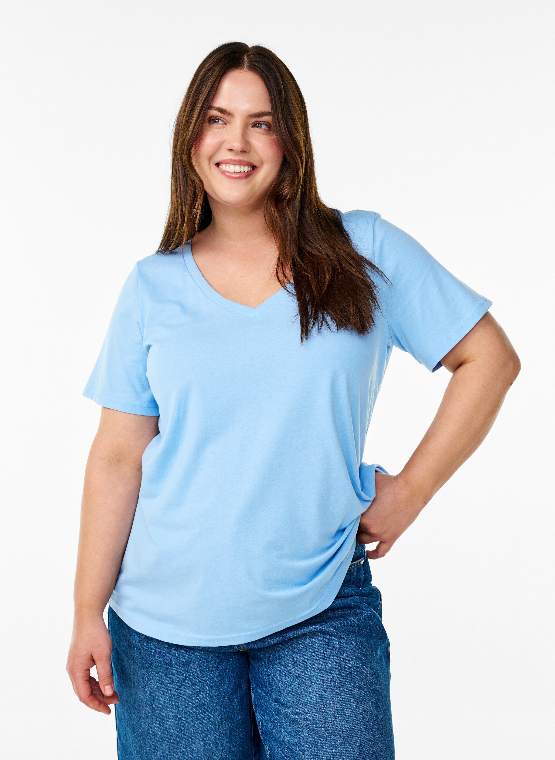 Zizzi T-shirt met korte mouwen en V-hals, Blauw, Model image number 0