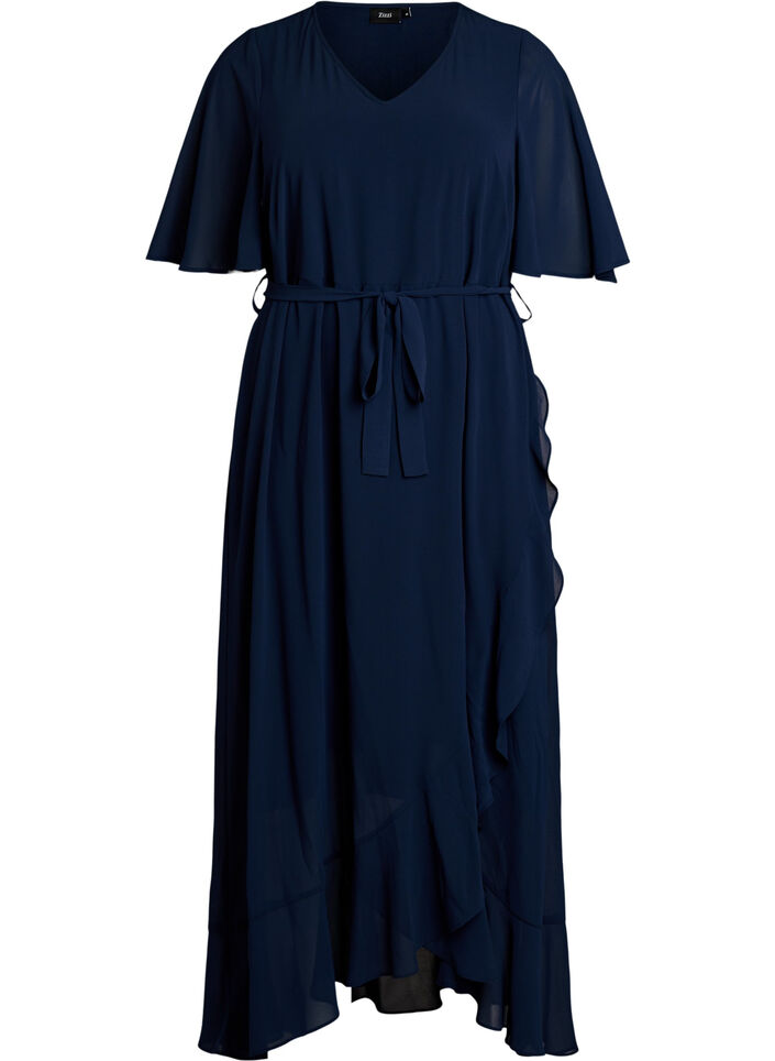 Chiffon maxi-jurk met een V-hals en ruches aan de zoom, Blauw, Packshot image number 0