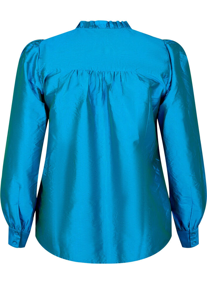 Glanzende shirtblouse met ruches, Diva Blue, Packshot image number 1