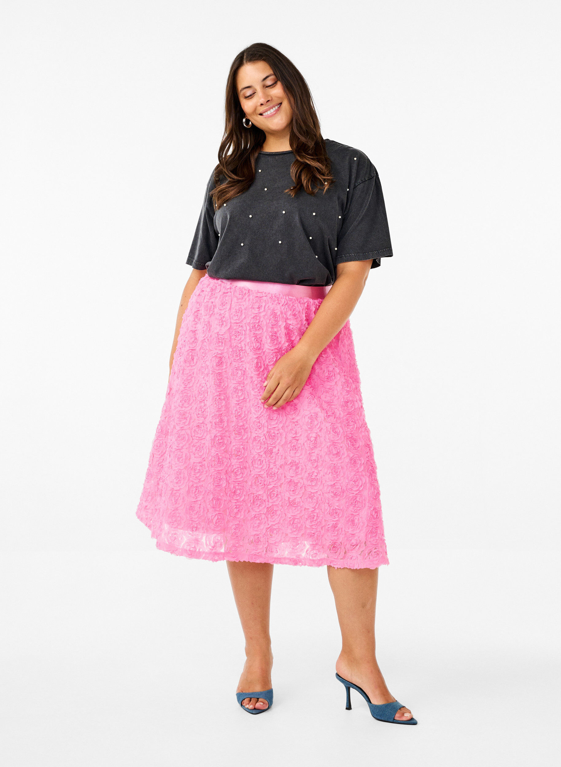 Zizzi Midi-rok met 3D-bloemen, Dianthus, Model image number 0