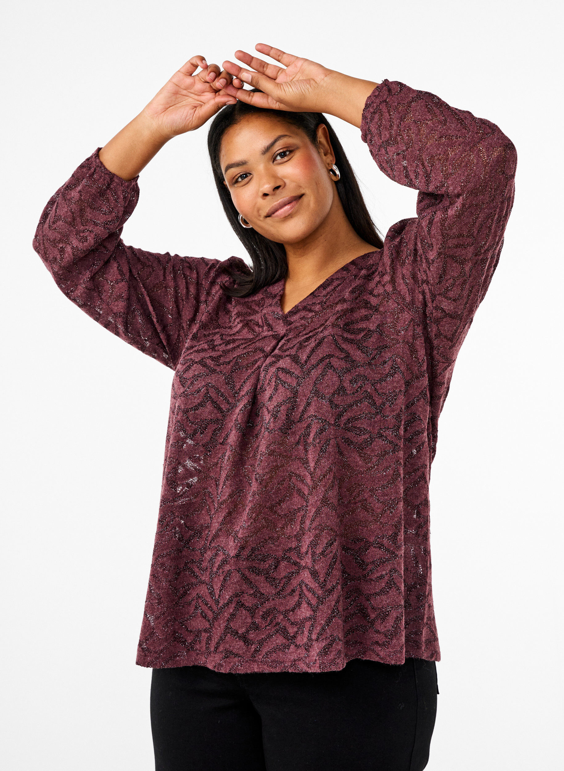 Zizzi Blouse met lange mouwen met glitter en patroon, Rood, Model image number 0