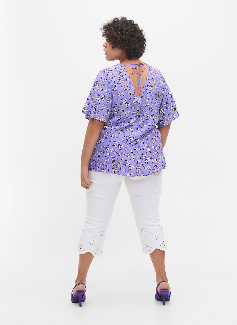 Viscose top met bloemen en strikdetail, Lilac Flower Print, Model image number 1