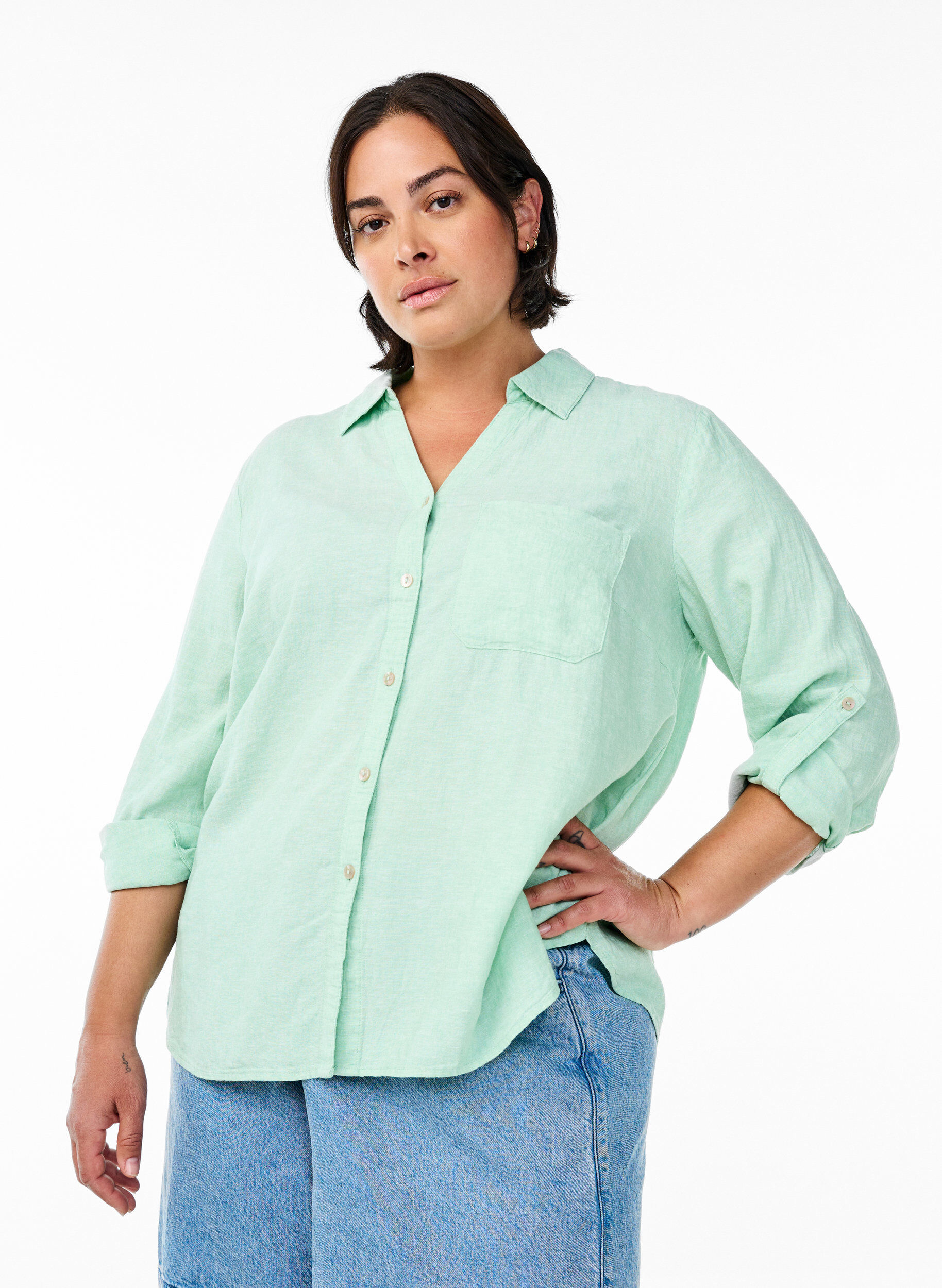 Linnen en viscose shirt met 3/4 mouwen, Groen, Model