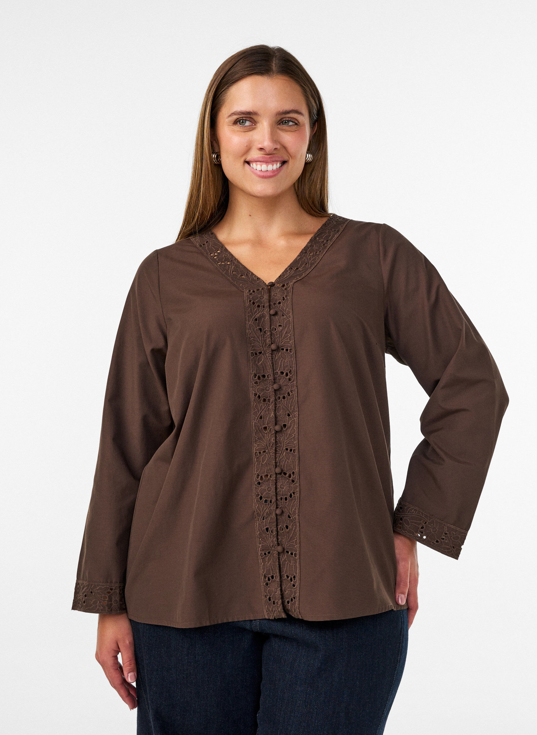 ZizziBlouse met broderie anglaise, Bruin, Model image number 0