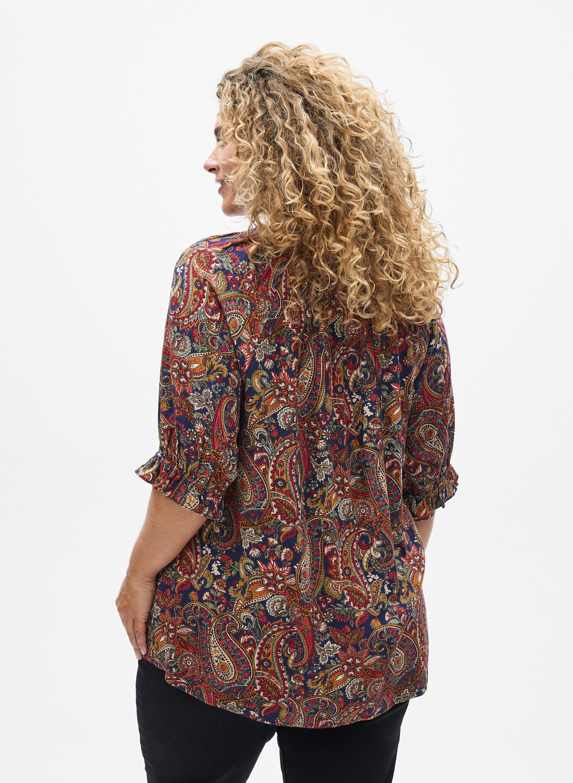 Zizzi Blouse van viscose met paisley print en mouwen tot de elleboog, Blauw, Model image number 2
