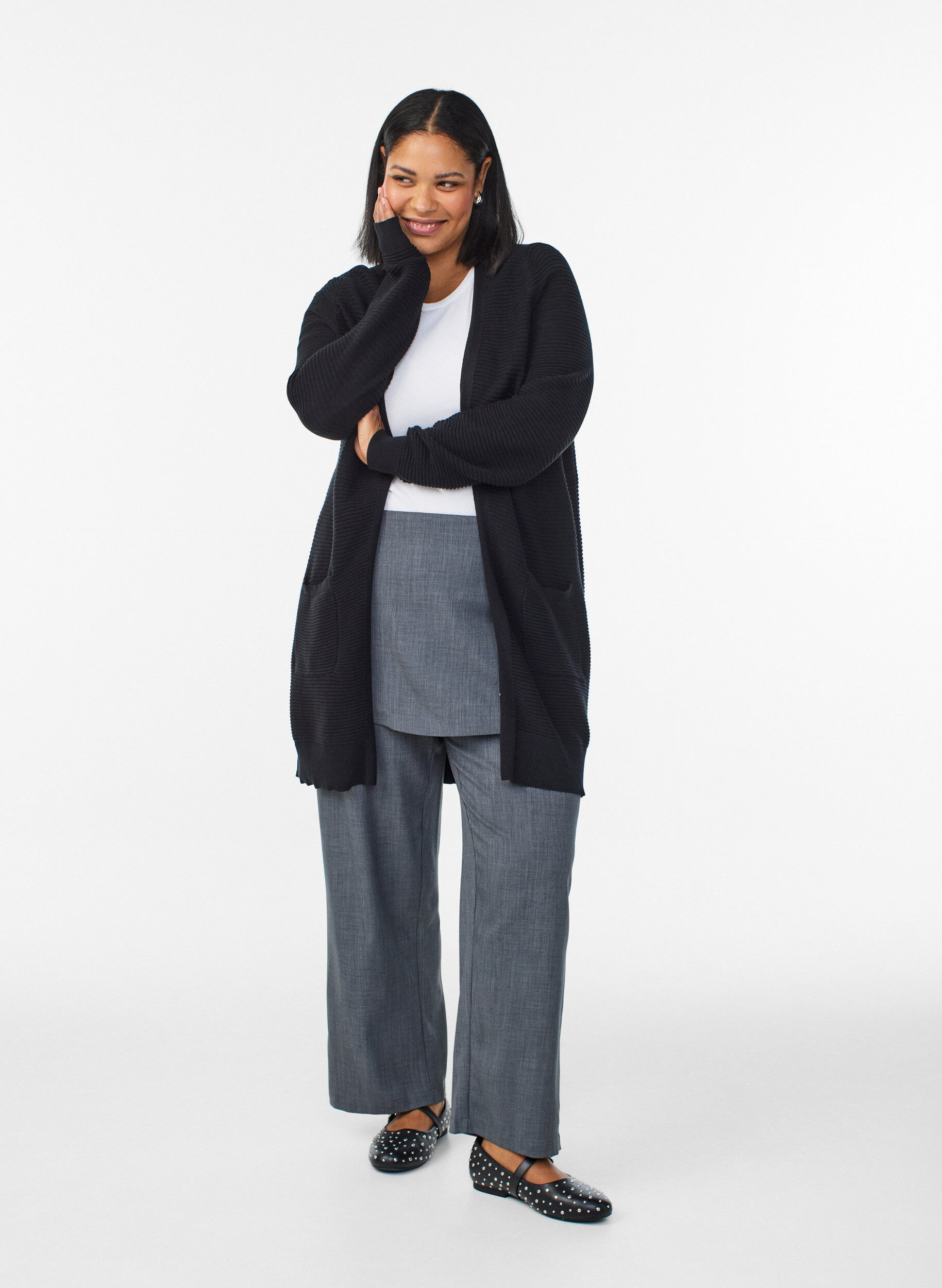 Zizzi Lang, ribgebreid katoenen vest, Zwart, Model image number 1