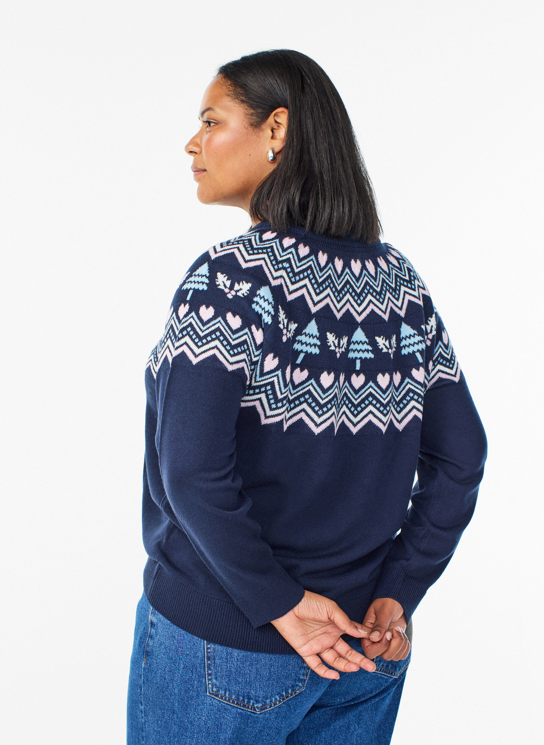 Zizzi Gebreide blouse met jacquardpatroon en kerstmotieven, Blauw, Model image number 2