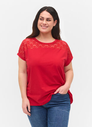 Katoenen t-shirt met korte mouwen en kant, Tango Red, Model image number 0
