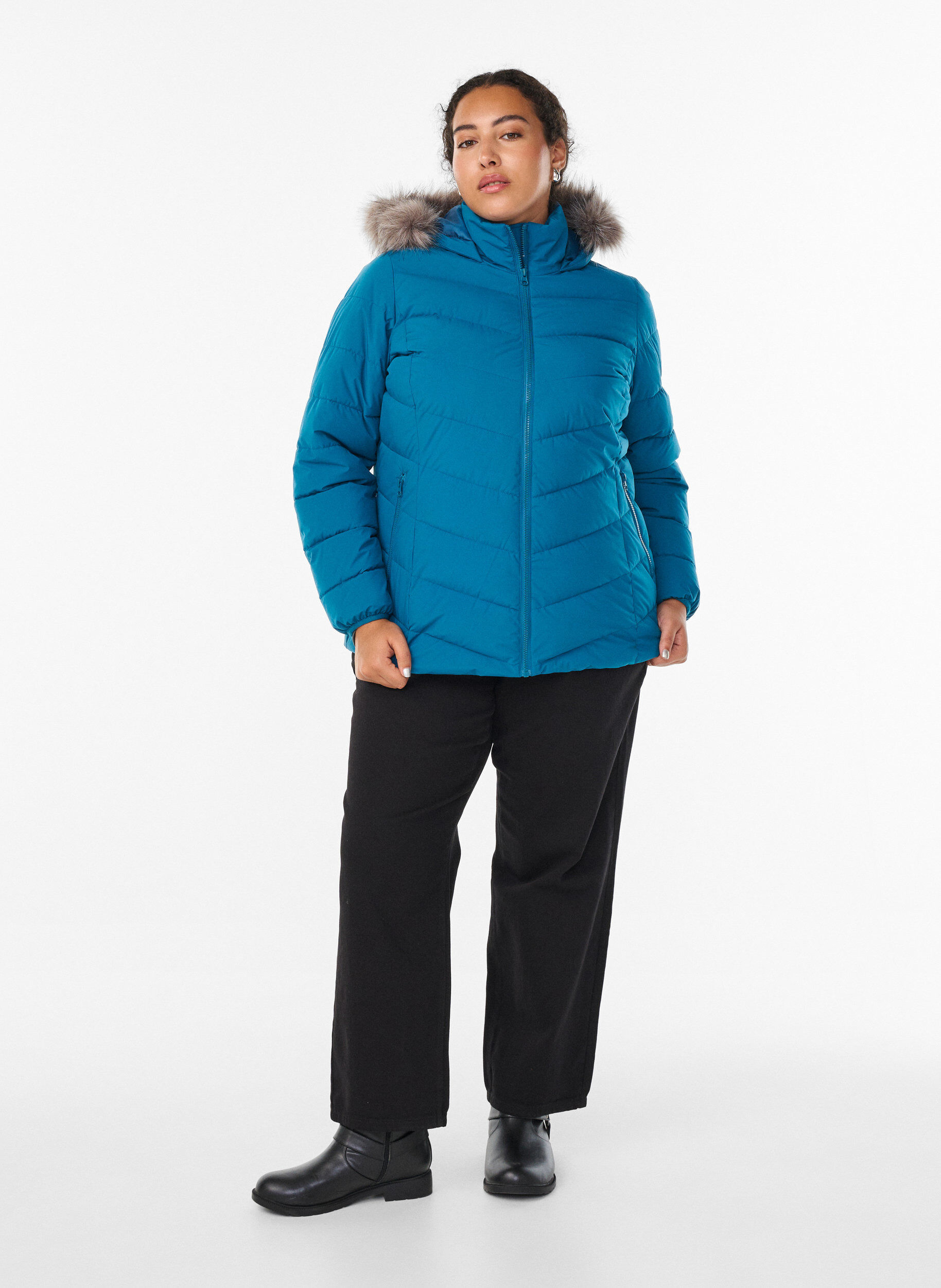 Zizzi Kort pufferjack met capuchon, Blauw, Model image number 1