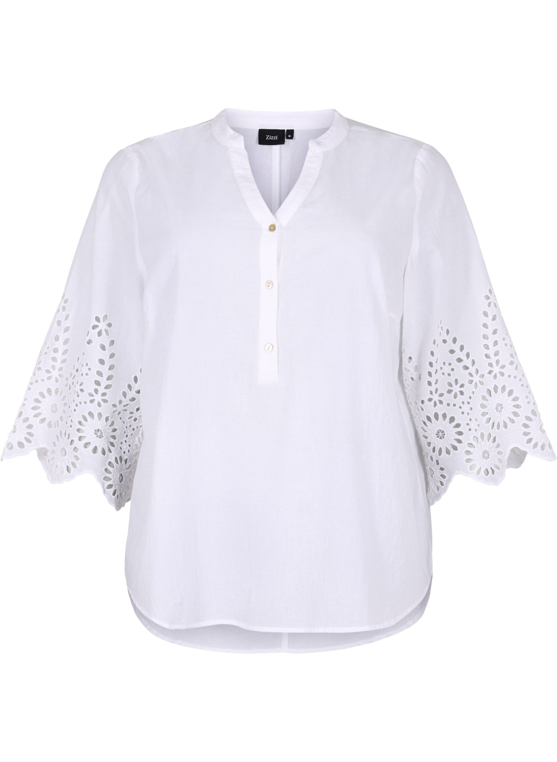Zizzi Overhemdblouse met broderie anglaise en 3/4 mouwen, Bright White, Packshot image number 0