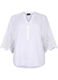 Overhemdblouse met broderie anglaise en 3/4 mouwen, Bright White