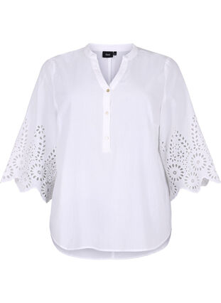 Shirt blouse met broderie anglaise en 3/4-mouwen, Bright White, Packshot image number 0