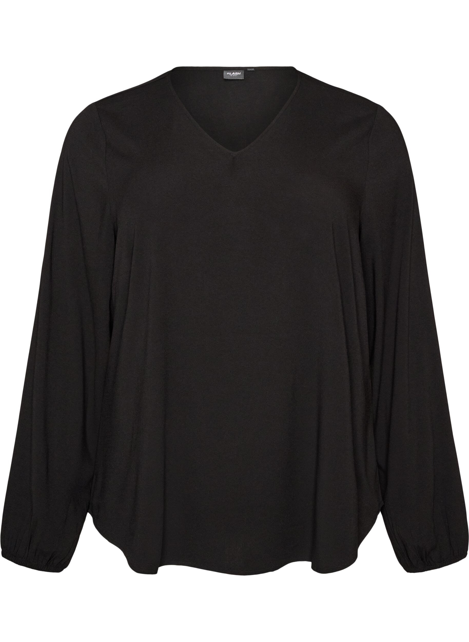 ZizziViscose blouse met V-hals en lange mouwen, Zwart, Packshot image number 0