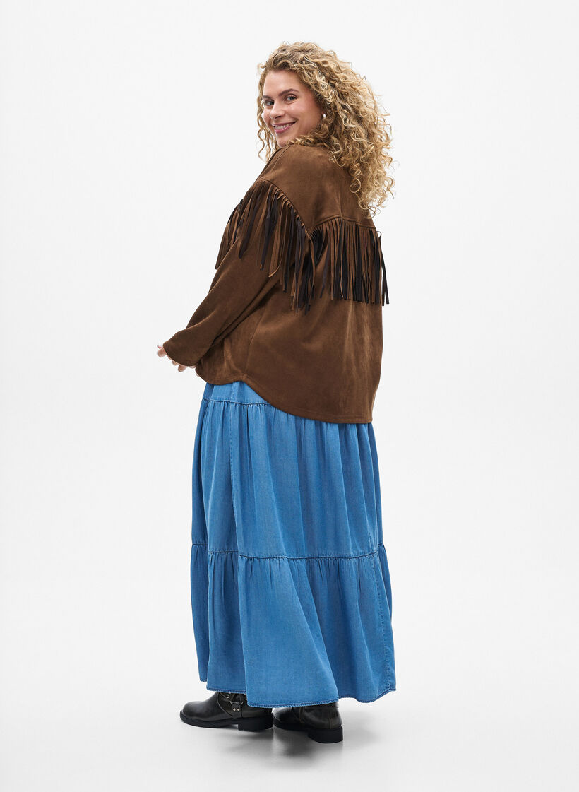 Denim maxi rok met ruches, Blauw, Model image number 1