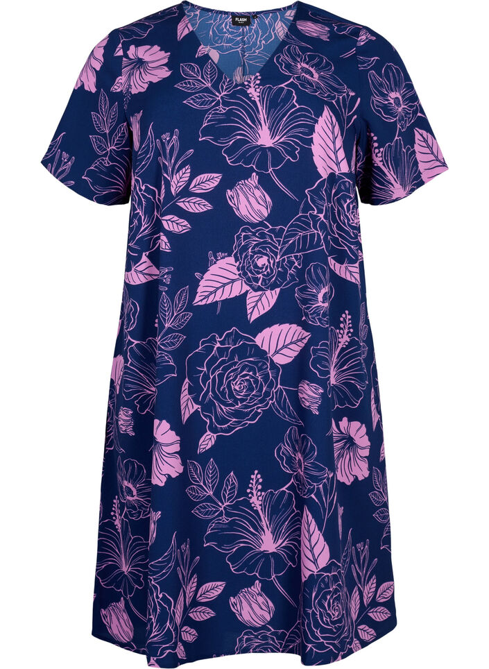 FLASH - V-hals jurk met bloemenprint, Medieval Blue Flower, Packshot image number 0