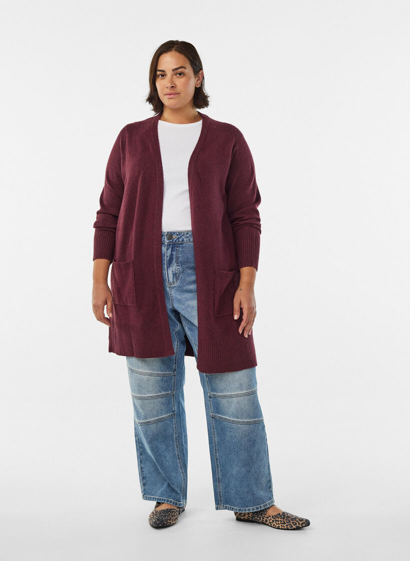 Geribd gebreid vest met zakken, Donker Bordeaux, Model image number 1