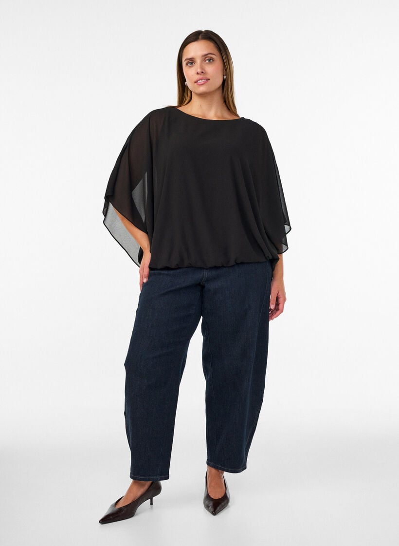 Chiffon blouse met balloneffect, Zwart, Model image number 1
