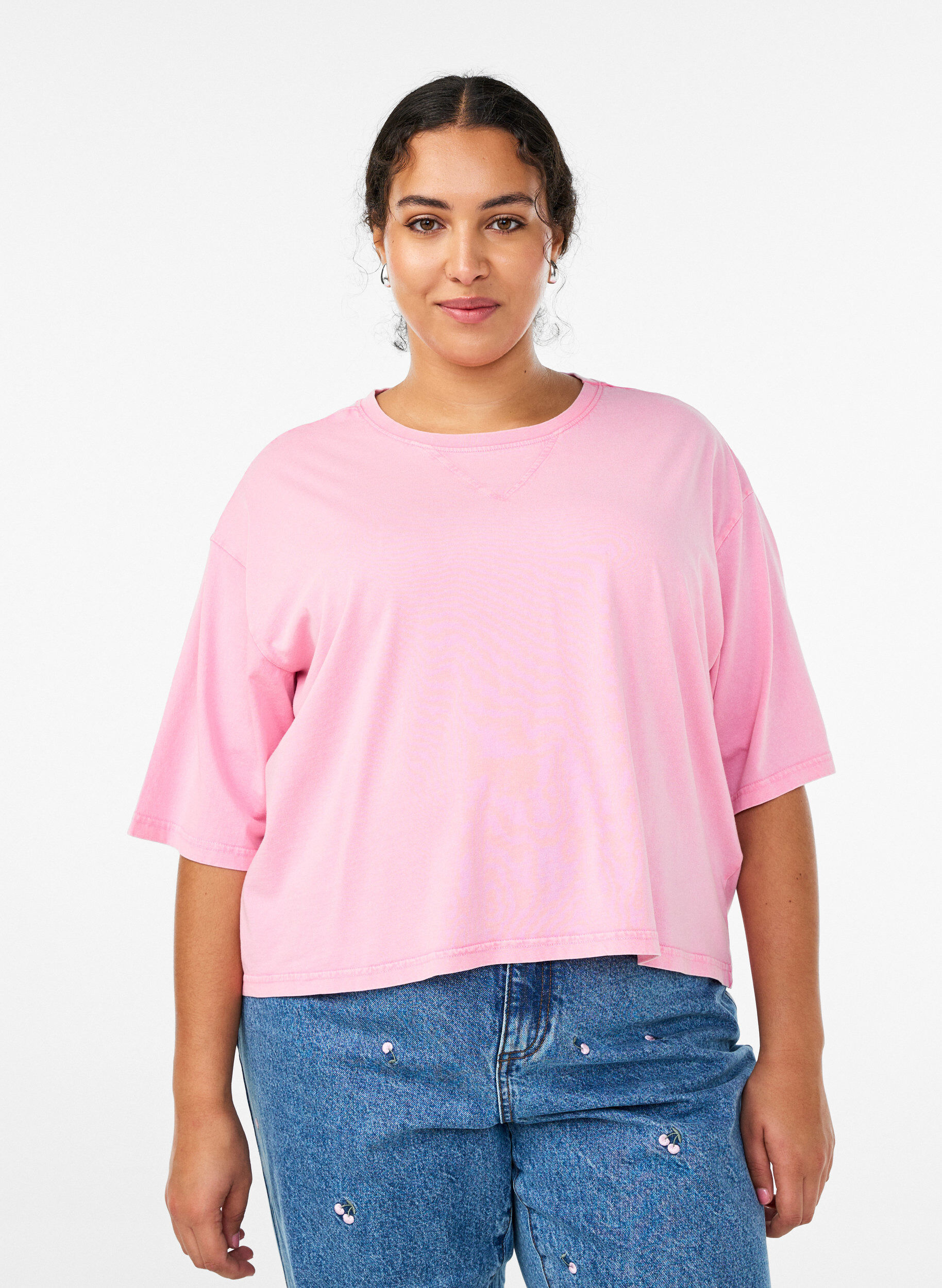 Boxy T-shirt in biologisch katoen, Roze, Model