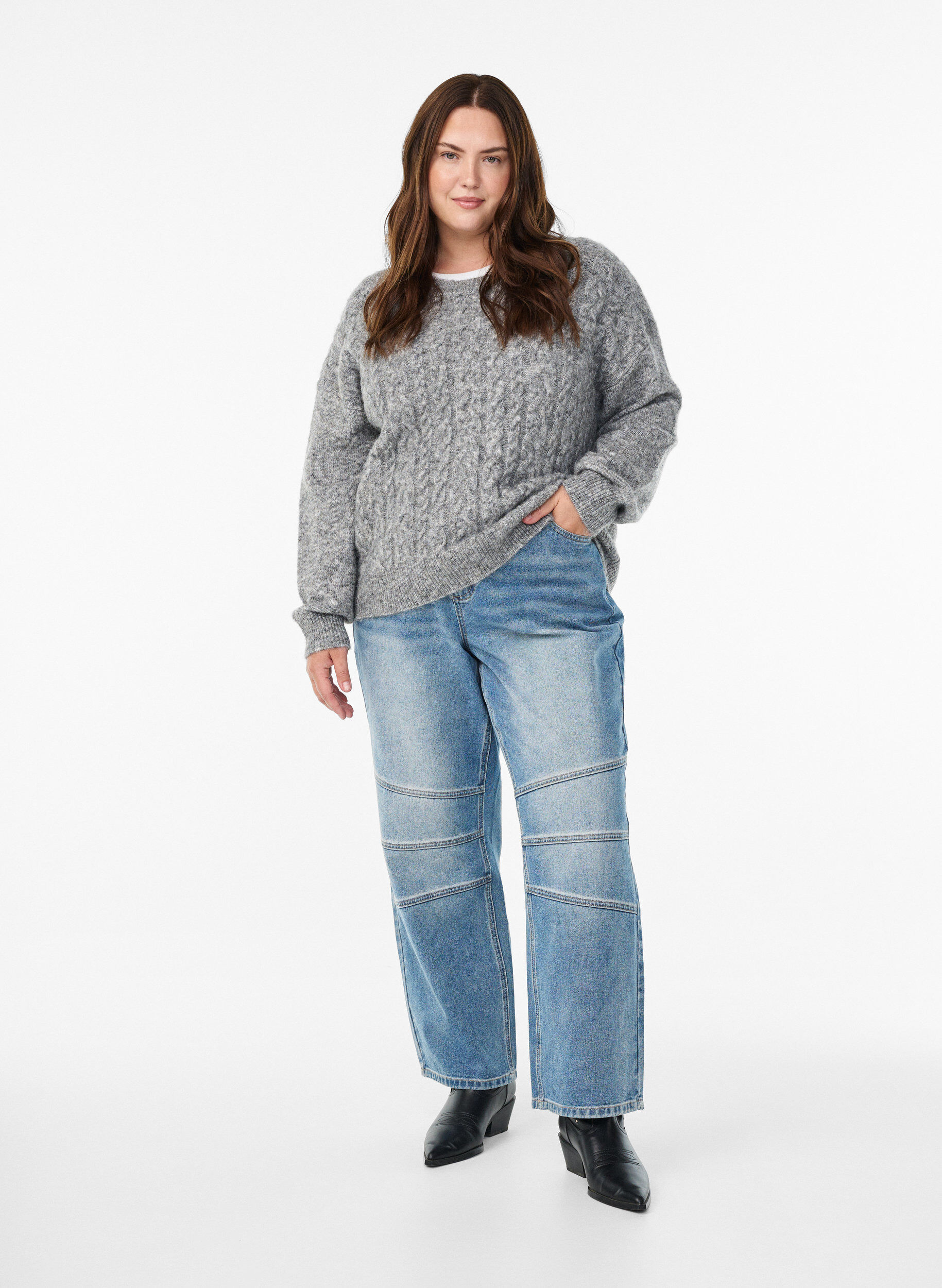 Zizzi Gebreide blouse met kabelbreisel patroon, Grijs, Model image number 1