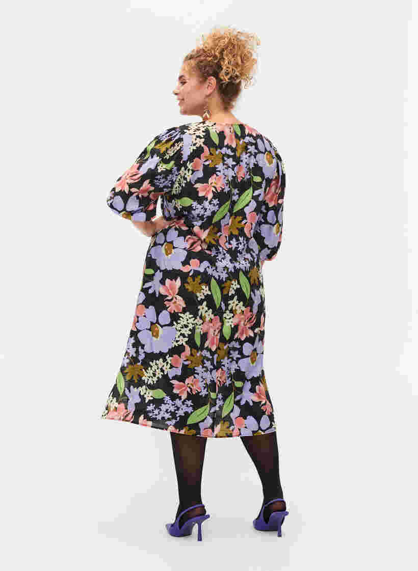 Gebloemde viscose midi-jurk met 3/4-mouwen, Purple Green Flower, Model image number 1