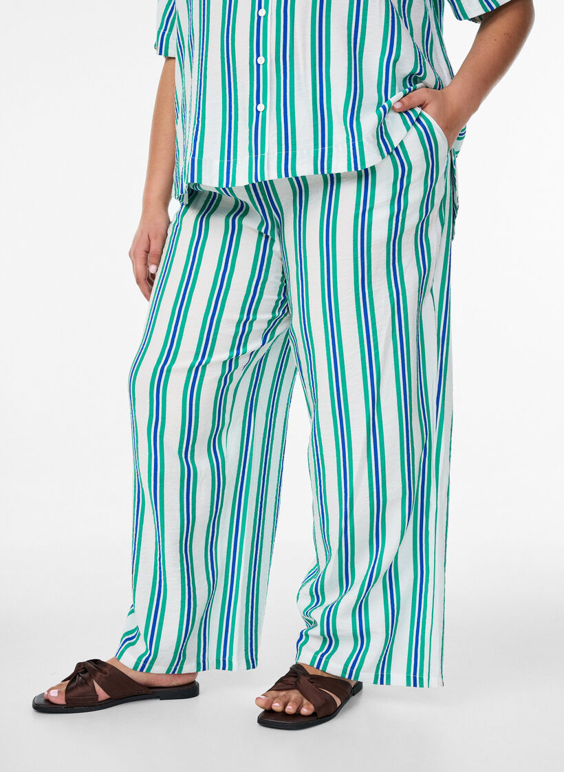 Gestreepte broek met hoge taille en wijde pijpen, Vanille, Model image number 0