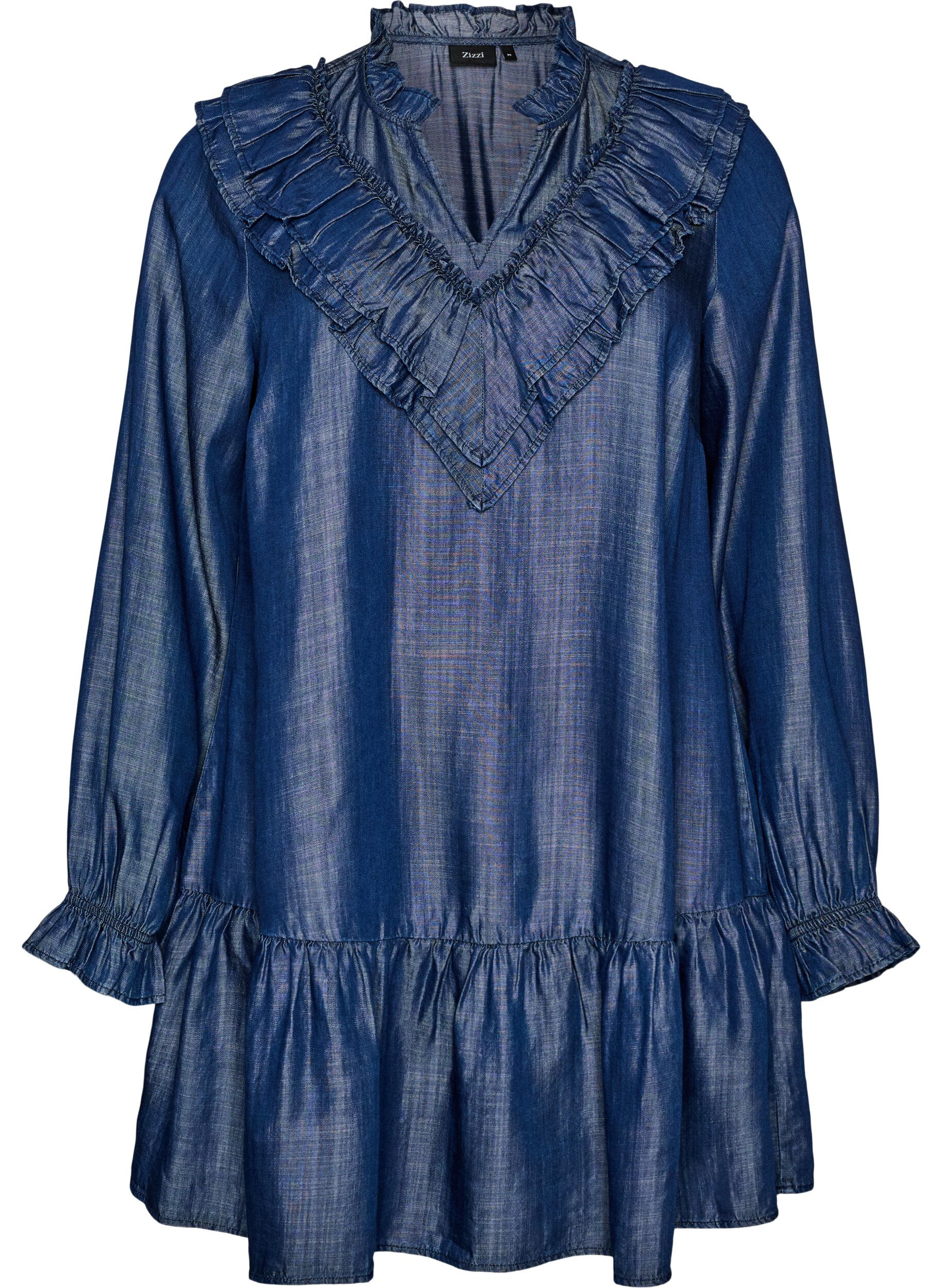 ZizziKorte jurk in denimlook met ruches, Blauw, Packshot image number 0