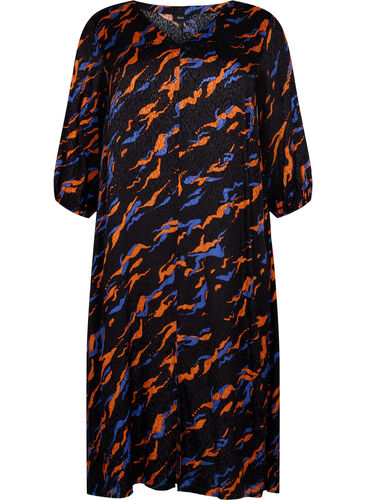 Midi-jurk met print en 3/4-mouwen in viscose, Black Tiger AOP, Packshot image number 0