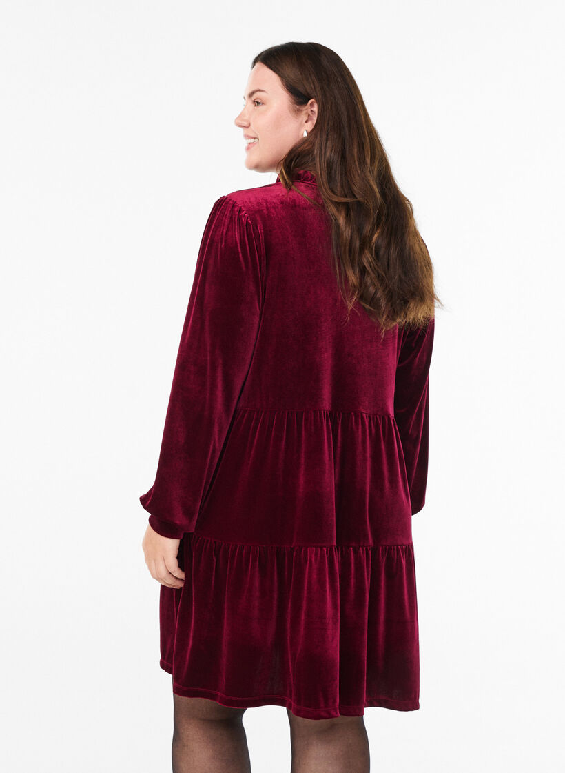 Veloursjurk met lange mouwen en een ruchekraag, Rood, Model image number 2