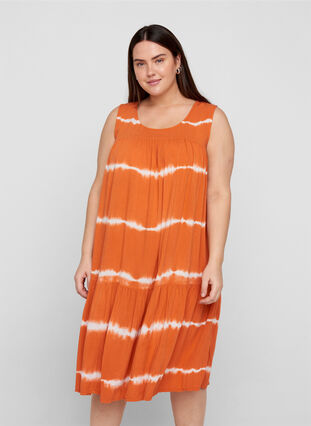 Viscose midi-jurk met print, Orange Batik, Model image number 0