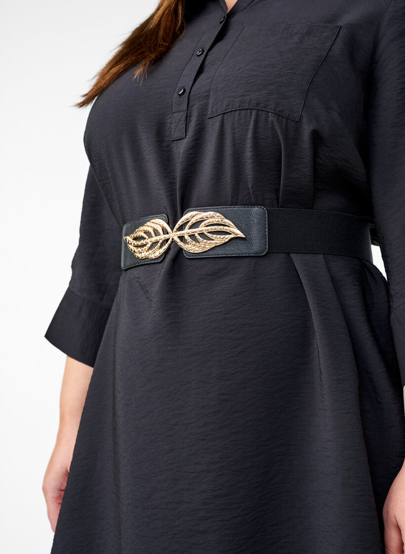 Elastische taille riem met goudkleurige blads gesp, Black, Image image number 0