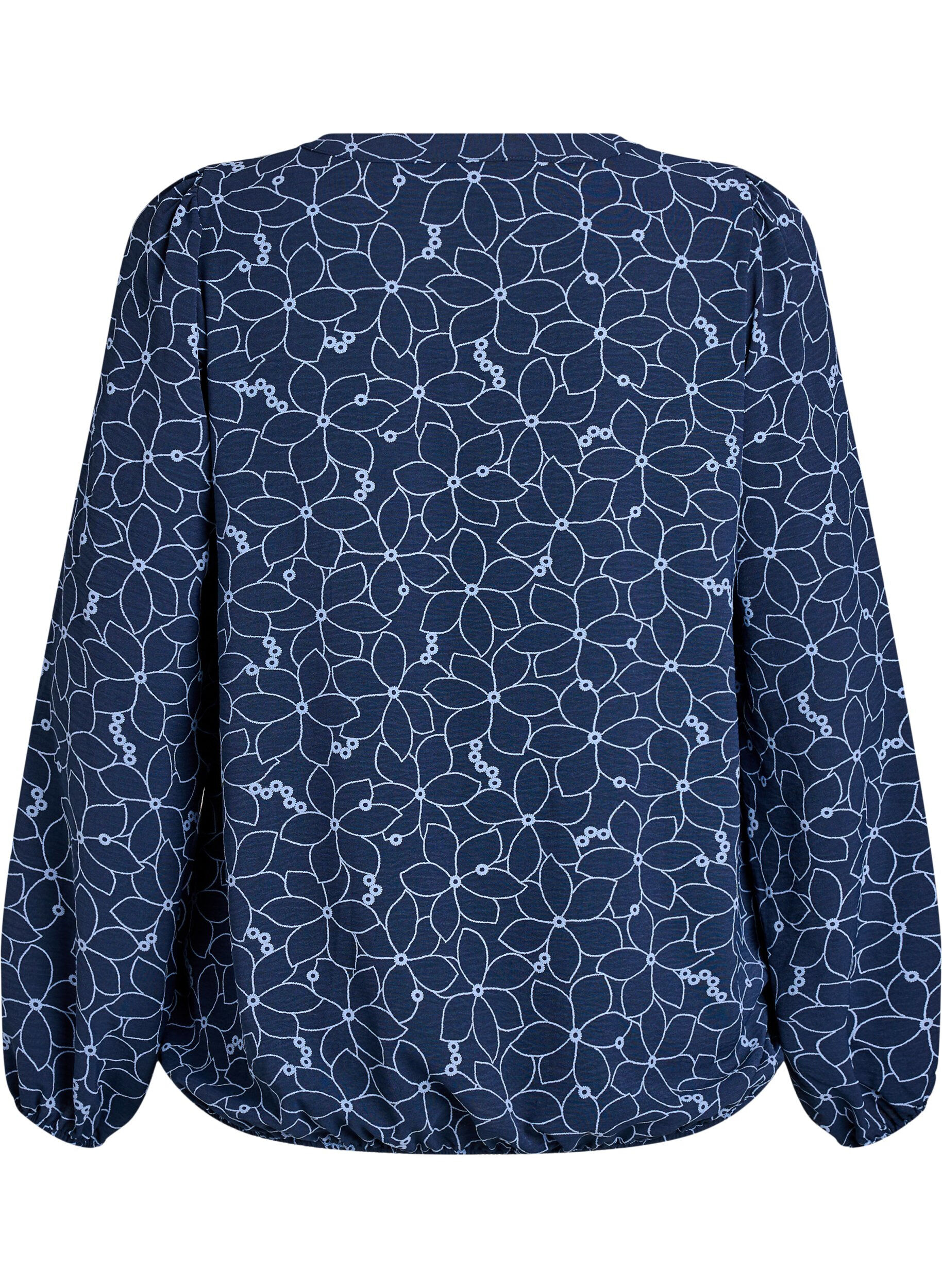 Zizzi Blouse met lange mouwen met bloemenborduursel, Blauw, Packshot image number 1