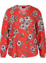 Gebloemde viscose blouse met lange mouwen, Fiery Red Flower AOP