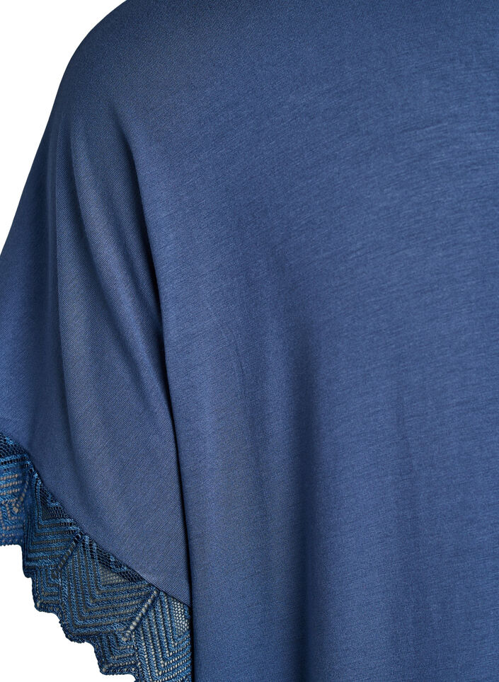 Viskose nachtjapon met korte mouwen en kanten afwerking, Blauw, Packshot image number 3