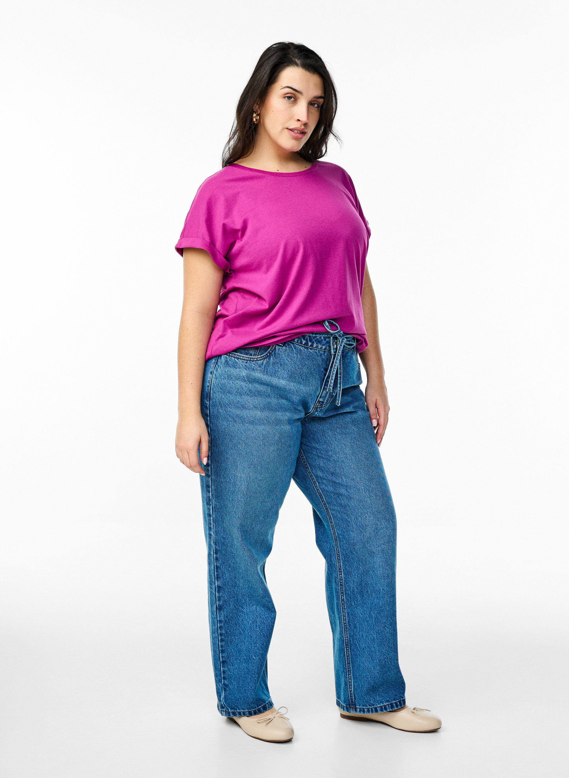 Zizzi T-shirt met korte mouwen in een katoenmix, Paars, Model image number 1