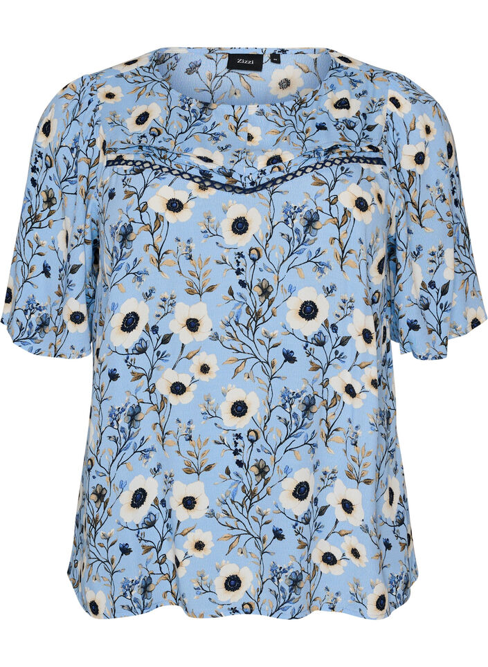 Bloemenblouse met korte mouwen, Blauw, Packshot image number 0