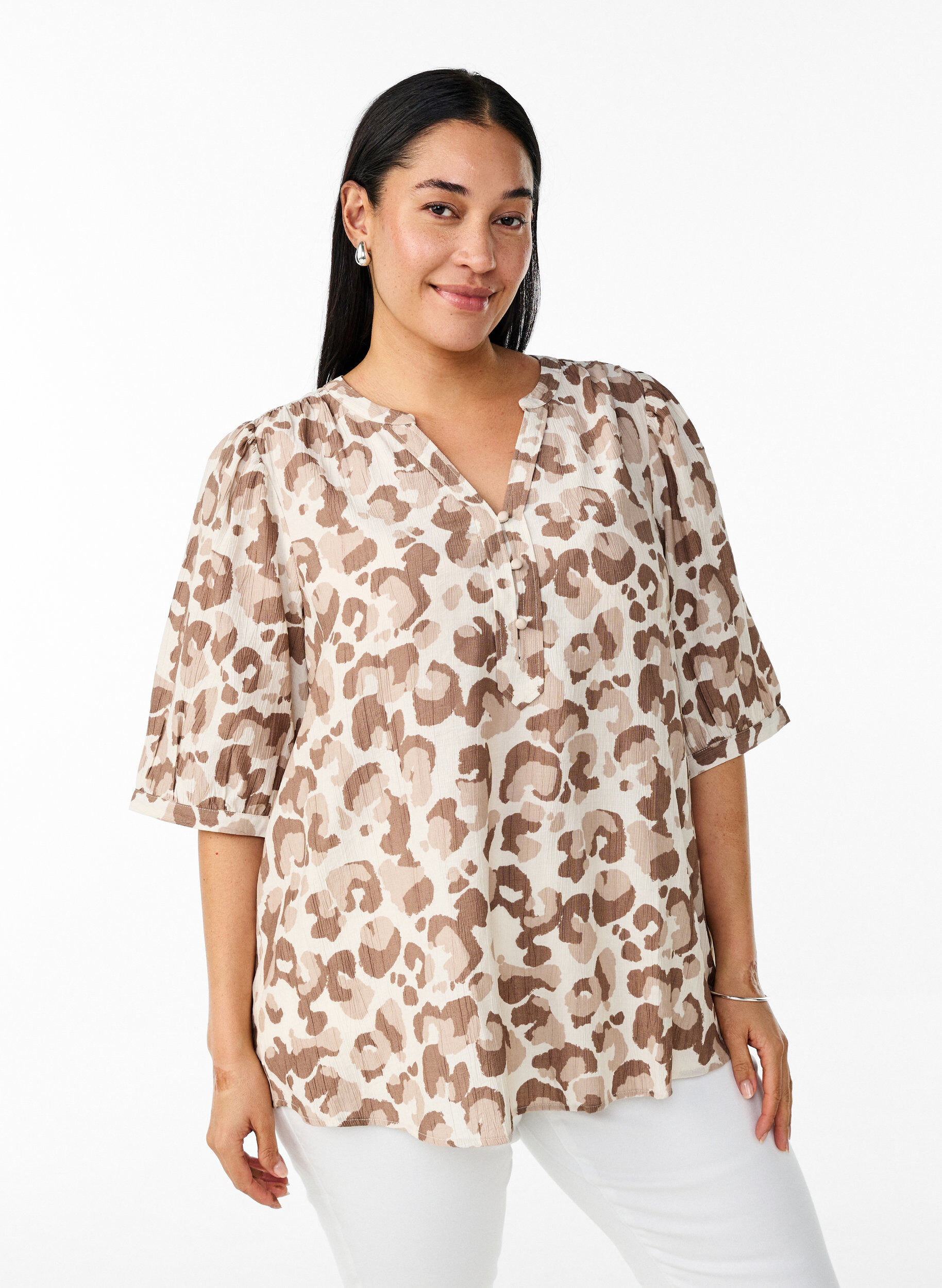 Blouse met luipaardprint en 1/2 mouwen, Wit, Model