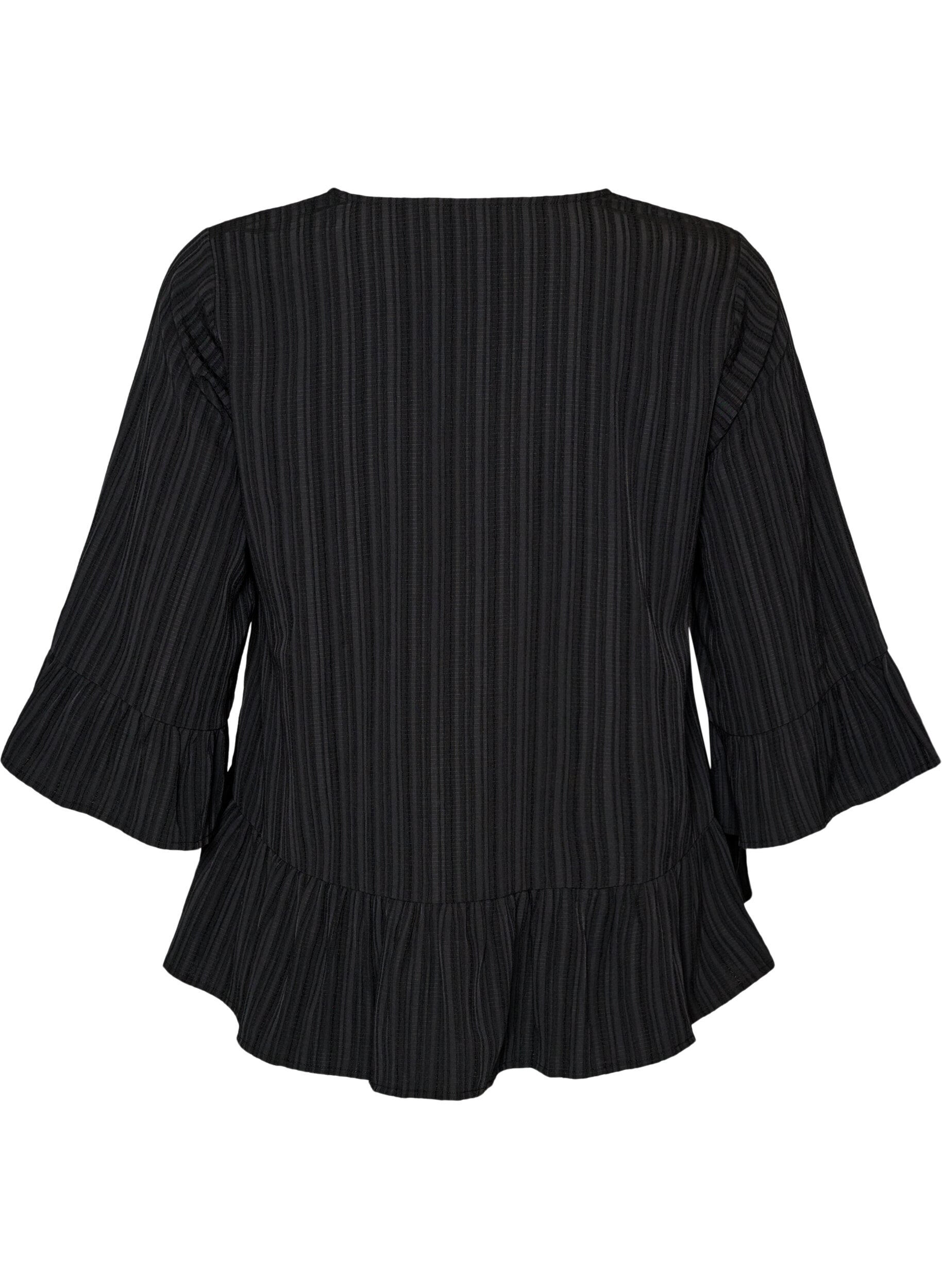 ZizziBlouse met textuur, V-hals en ruches, Zwart, Packshot image number 1
