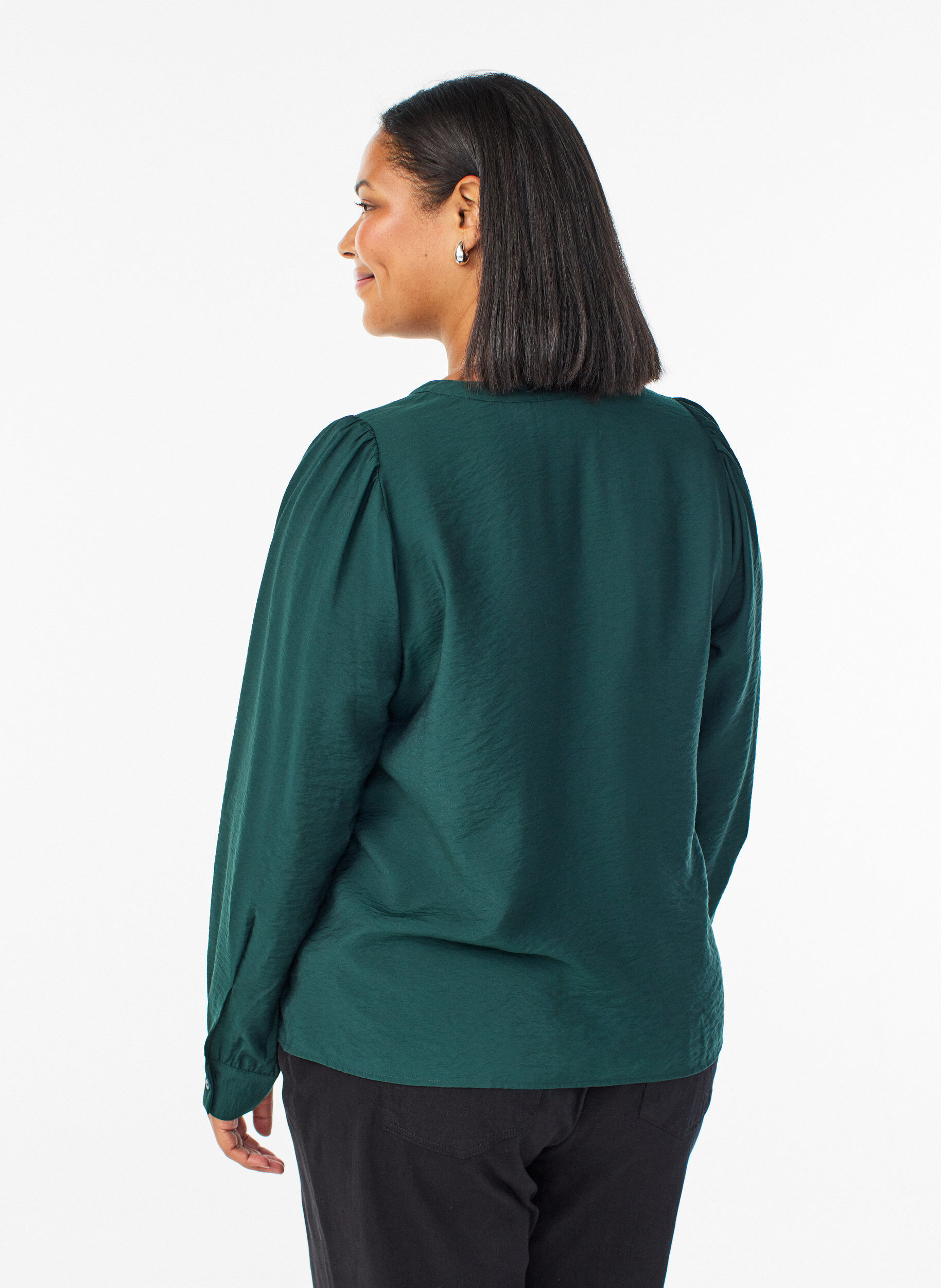 Zizzi Blouse met V-hals en geborduurde banden, Groen, Model image number 2
