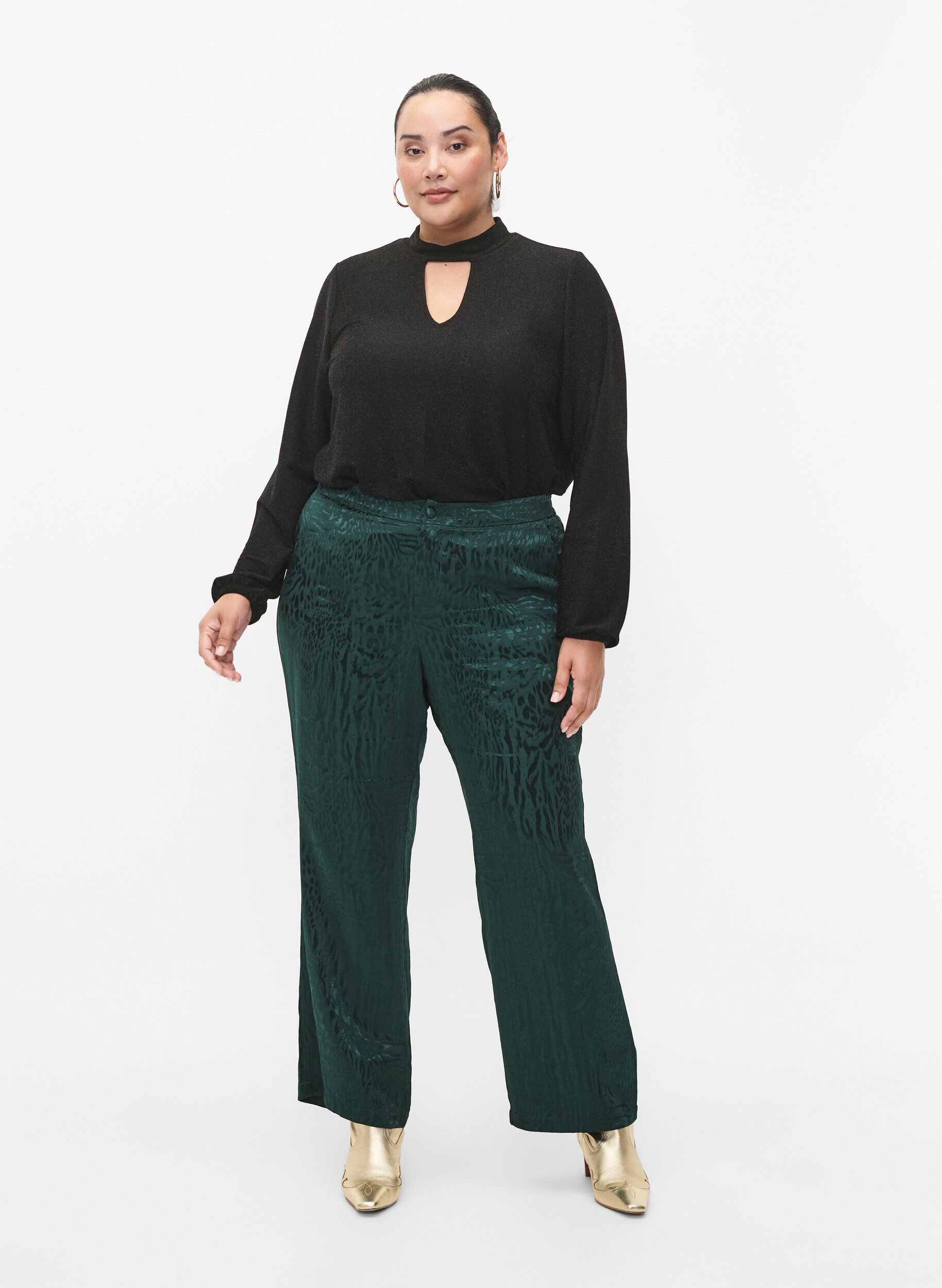 Zizzi Glitter blouse met lange mouwen, ronde hals en V-detail, Black Black, Model image number 3