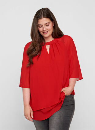 Chiffon blouse met 3/4 mouwen, Tango Red, Model image number 0