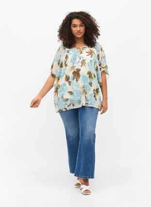 Bedrukte blouse met strikkoord en korte mouwen, Cloud Dancer Flower , Model image number 2