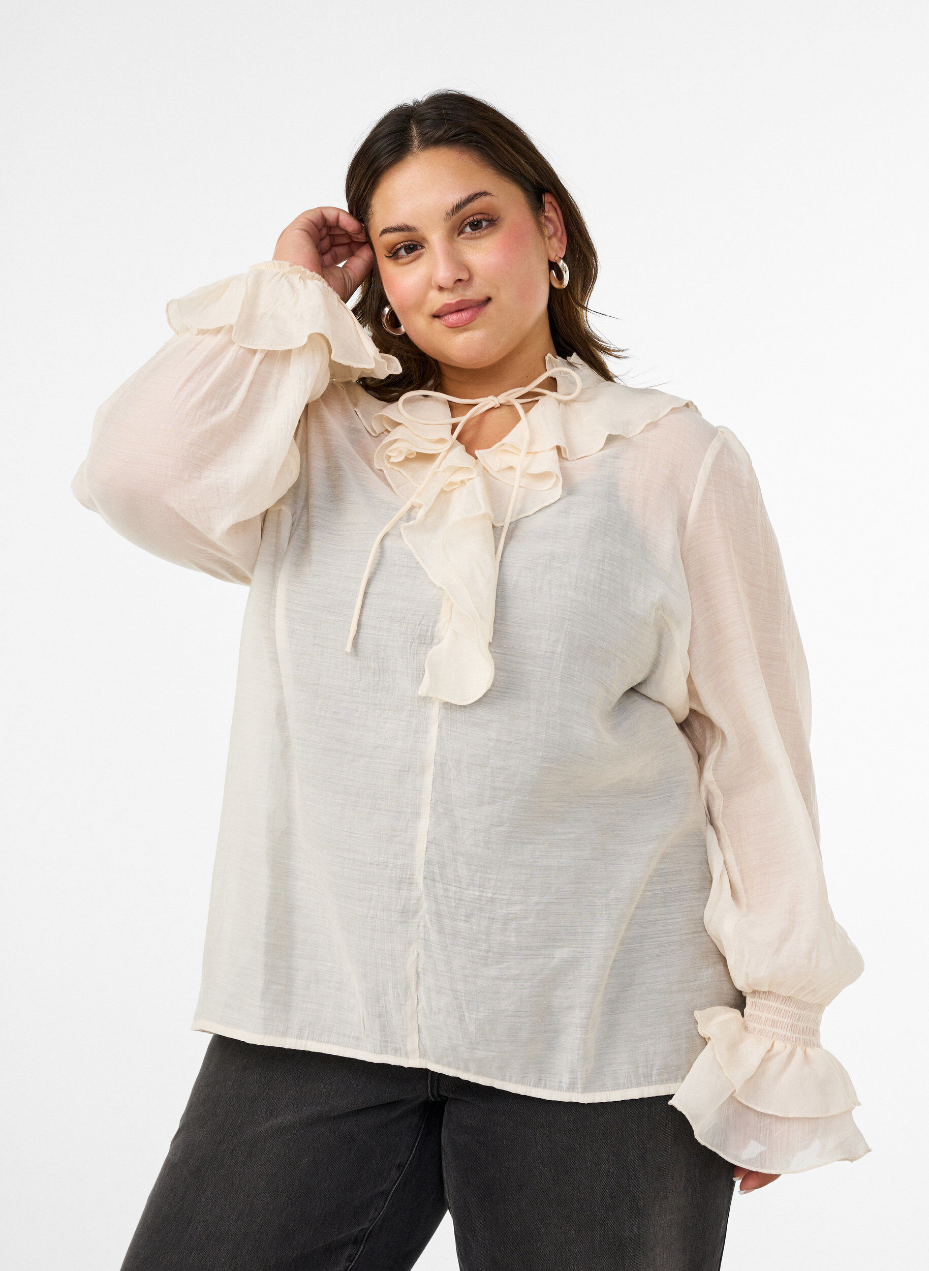 ZizziViscose blouse met ruches en lange mouwen, Vanille, Model image number 0