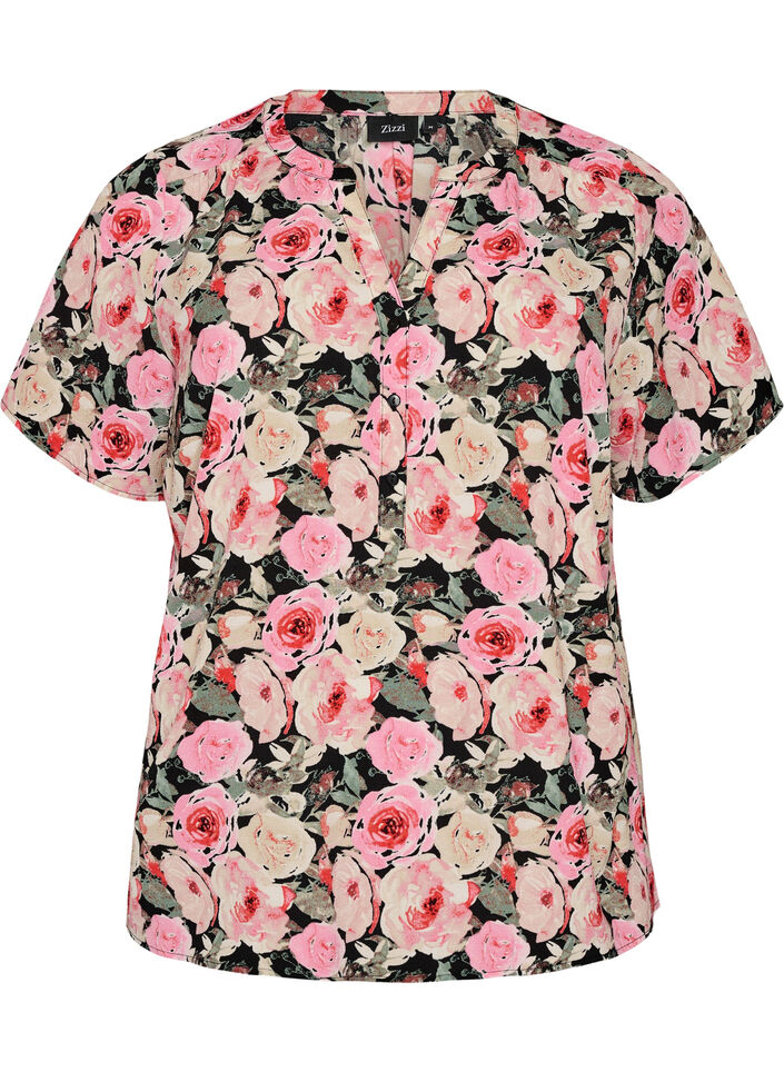 Blouse met korte mouwen en v-halslijn, Roze, Packshot image number 0