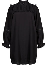 Viscose jurk met Engels borduurwerk en ruches, Black